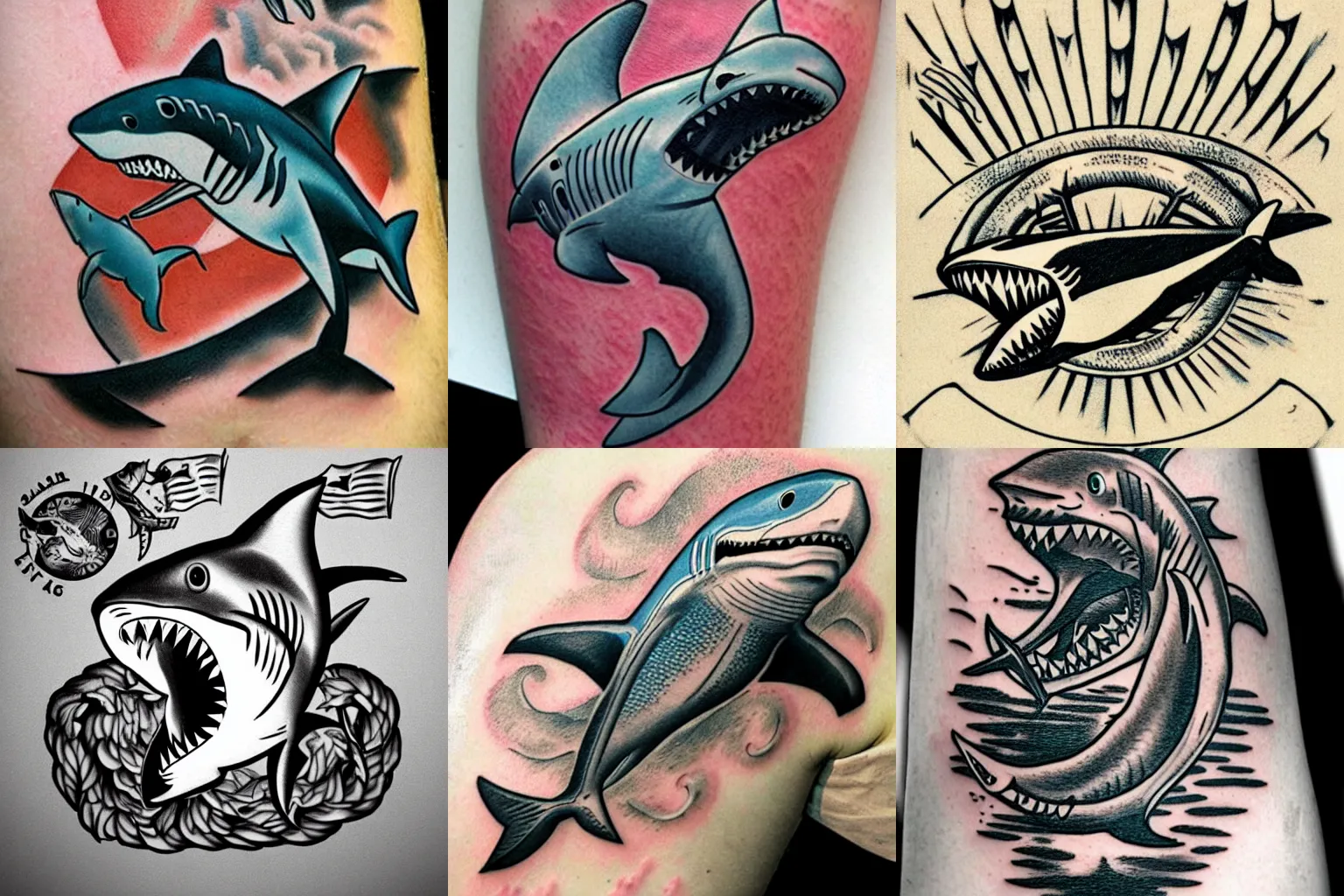 Prompt: shark with pistol with turbine for the tail, drown in style of traditional tattoo by sailor jerry