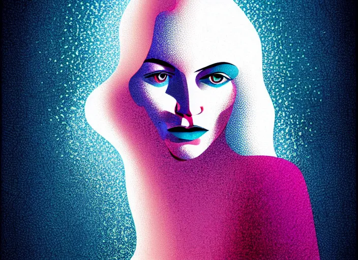 Image similar to editorial illustration by Mads Berg andKarolis Strautniekas ,portrait of a young girl flowing white hair, colorful,modern art deco,, stippled light, fine texture, editorial illustration, dramatic lighting, dynamic composition, detailed, matte print, dynamic perspective, cinematic, film noir