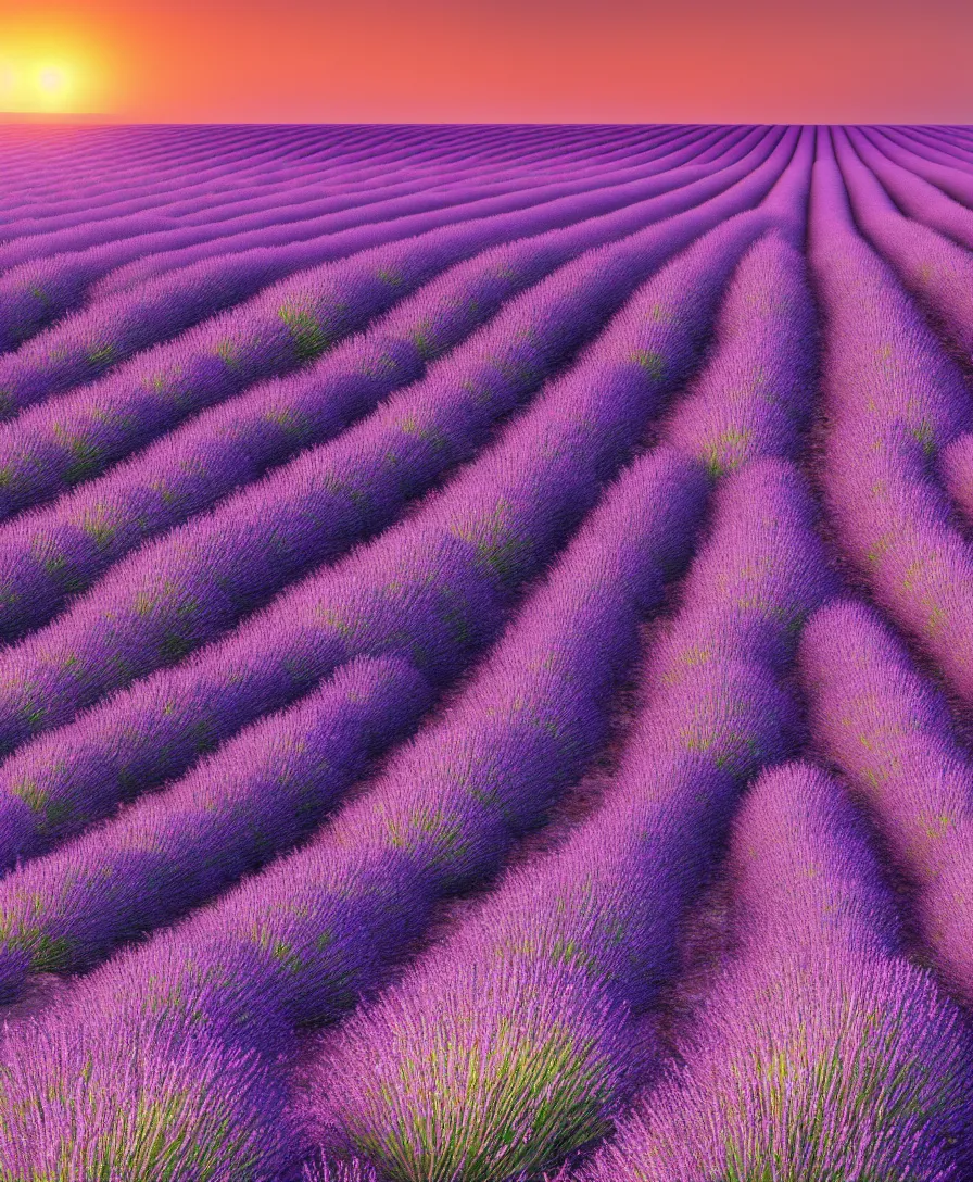 Prompt: beautiful lavender fields at sunrise, ultrawide angle cinematic view, ultra realistic, vibrant colors, detailed, cinematic, photorealism, unreal engine, octane render