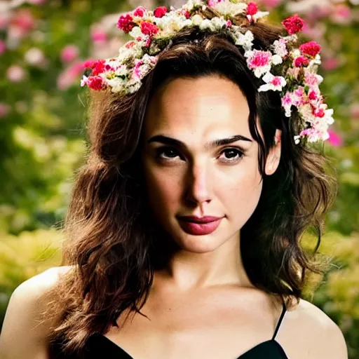 Image similar to photo of the beauty gal gadot, she is posing while maintain a sweet eye contact to the camera, she has a crown of flowers, the photo was taken at sunset with a bokeh effect, photo by iris edward steichen, photorealistic, matte painting, hyper realistic, 4 k, 8 k, cinematic composition, hd, highly detailed, trending on artstation