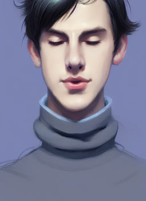 Image similar to portrait of teenage jughead jones wearing a light grey crown, crown, blue turtleneck, closed eyes, eyes closed, slight smile, black hair, intricate, elegant, glowing lights, highly detailed, digital painting, artstation, concept art, smooth, sharp focus, illustration, art by wlop, mars ravelo and greg rutkowski