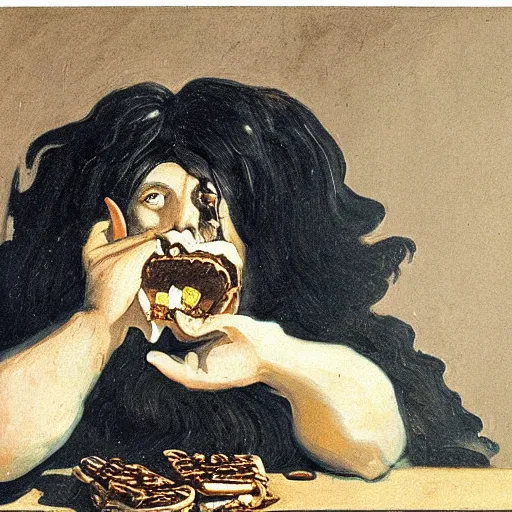 Prompt: saturn devouring a snickers bar, goya painting, in the style of goya, in the style of black paintings, highly realistic