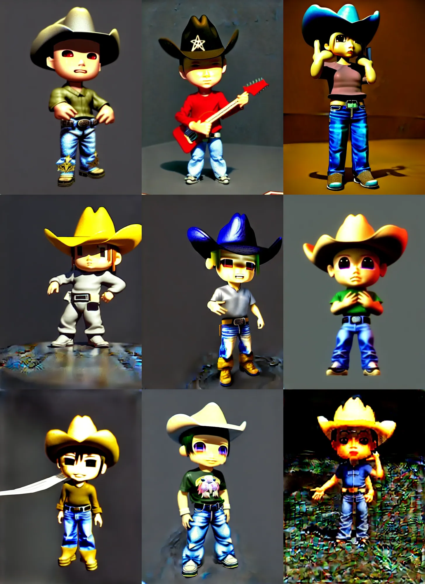 Prompt: 3d render of chibi angel cowboy by Ichiro Tanida in an small 3d rendered room in the style of 1990's CG graphics 3d rendered y2K aesthetic in a dirty dark dark dark poorly lit bedroom full of trash and garbage server racks and cables everywhere Ichiro Tanida, 3DO magazine