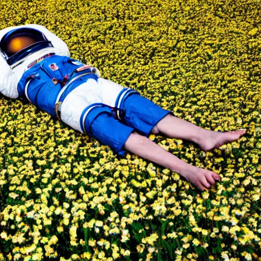 Prompt: an astronaut lying in field of flowers.