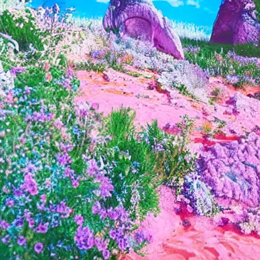 Image similar to a ultra high definition pastel coloured photograph from a holiday photo album. the photo is a medium frame, 5 0 mm depicting public viewpoints from areas of outstanding natural beauty in an alien world with pale pastel coloured flora. no artefacts. highly detailed.