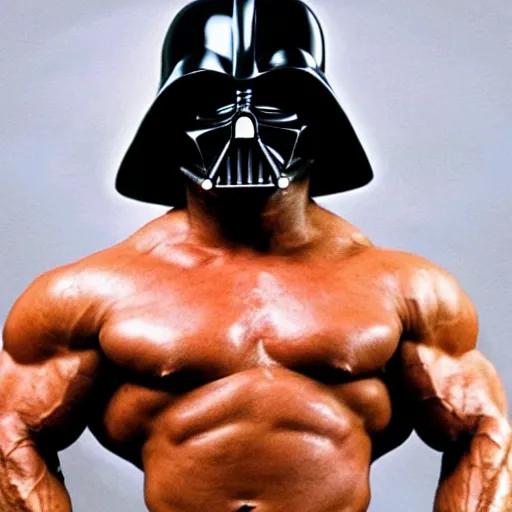 Image similar to Arnold Schwarzenegger bodybuilding wearing a Darth Vader helmet