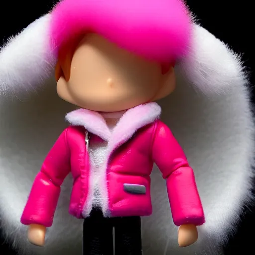 Image similar to magic mushroom, david bowie wearing pink puffy bomber jacket with white fur, nendroid, craig mullins style