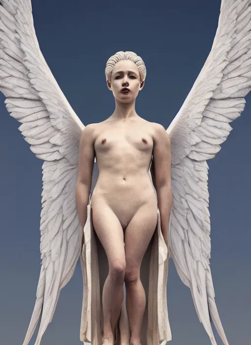 Image similar to statue made of white marble with gold veins, of an beautiful gorgeous angel girl, full body shot, perfect symmetrical body, perfect symmetrical face, no eyes, hyper realistic, hyper detailed, fujicolor superia 1 6 0 0 photo, by johannen voss, by peter kemp, by monia merlo, by michelangelo, octane render, blender