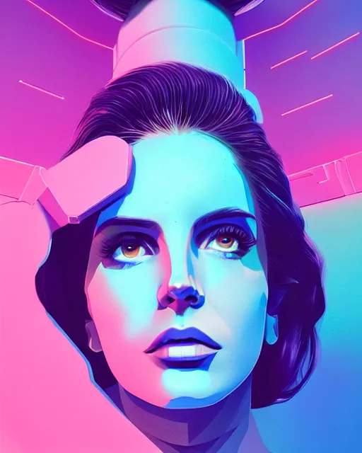 Image similar to portrait of lana del rey as a cyborg. realist abstract. key art. blue, pink, intricate artwork. by tooth wu, wlop, beeple, dan mumford. 8 k octane render, trending on artstation, greg rutkowski very coherent symmetrical artwork. cinematic, hyperrealism, very detailed, iridescent accents