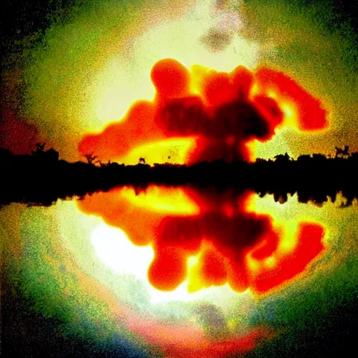 Prompt: dark selfie of a nuclear explosion in the louisiana swamps, pictorialism