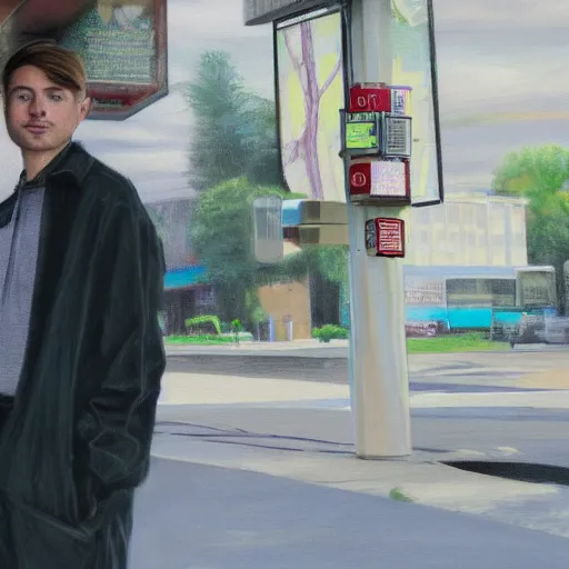 Prompt: an ultra detailed portrait of griffin pafford standing waiting at a bus stop, hyper realism, highly detailed, photograph, 8 k