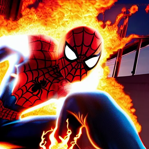 Image similar to spider - man as ghost rider, flaming skull, cgi style