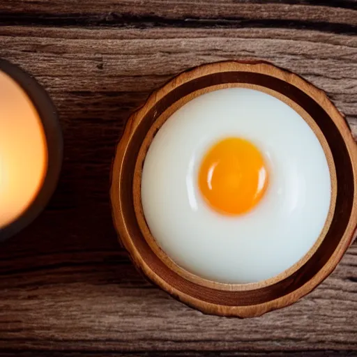 Prompt: a polaroid photograph of an egg, sitting on top a table with a burning candle. minimalistic, natural light, wood grain table top. swirling wood grain.