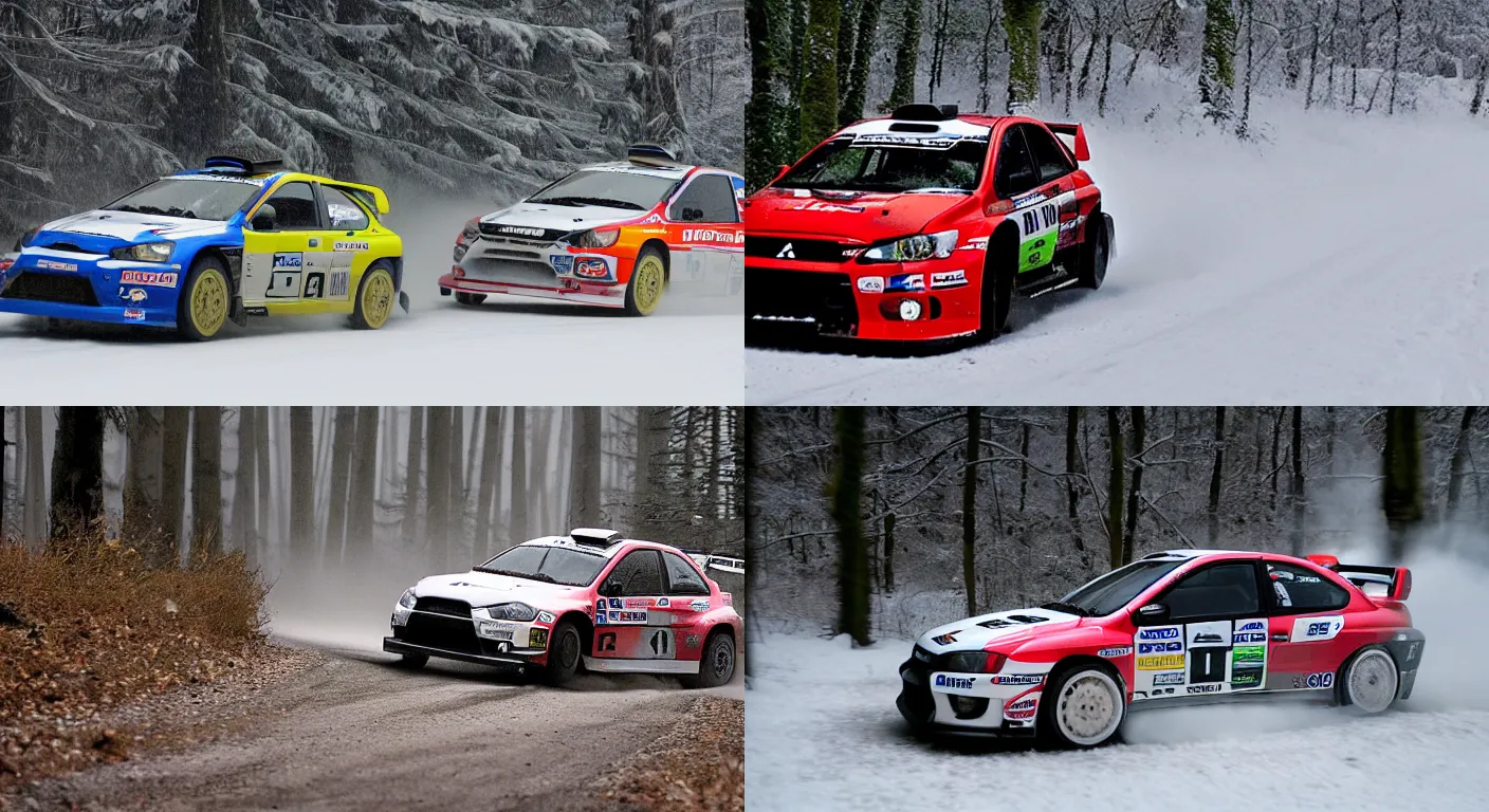 Prompt: a 2 0 0 6 mitsubishi lancer evolution ix mr, racing through a rally stage in a snowy forest