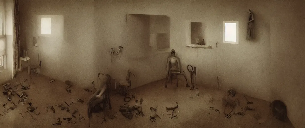 Prompt: a bedroom inhabited by various parts of a man, portrait photography by zdzislaw beksinski