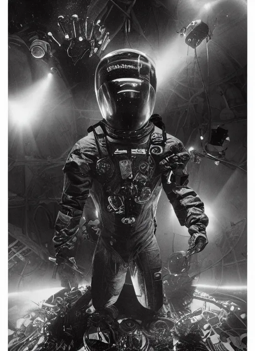 Image similar to astronauts in dark and empty void underwater - complex composition and hyperdetailed technical suit. reflection and dispersion materials. rays and dispersion of light. volumetric light. 5 0 mm, f / 3 2. noise film photo. flash photography. ultra realistic, wide angle. poster by wayne barlowe, hajime sorayama aaron horkey, craig mullins. polaroid.