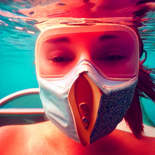 Prompt: photo of woman wearing a face mask underwater cinestill, 800t, 35mm, full-HD