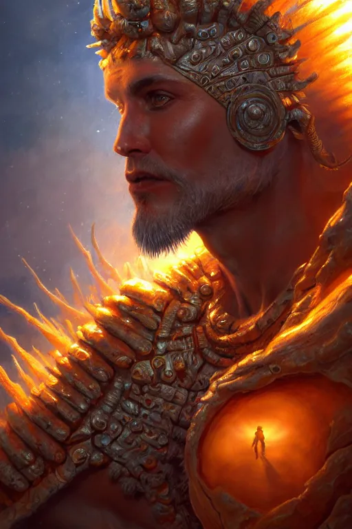 Image similar to humanoid god of the sun, highly detailed, d & d, fantasy, hyper detailed, digital painting, trending on artstation, apollo, concept art, sharp focus, illustration, art by artgerm and magali villeneuve and greg rutkowski and michael whelan, cryengine, 8 k realistic atmospheric lighting, frostbite 3 engine