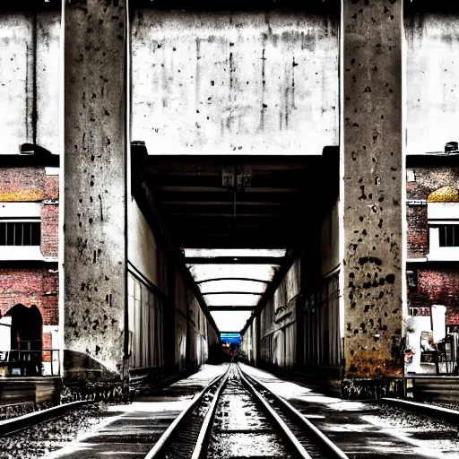 Image similar to poor people life under railway bridge, hyper realistic, best on adobe stock, 3 5 mm lens by steve mccury