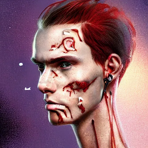 Image similar to portrait of a thin young man with long red hair, ponytail, a big scars, big gash on face, freckles on his face, an earring, intricate, elegant, glowing lights, highly detailed, digital painting, artstation, concept art, smooth, sharp focus, illustration