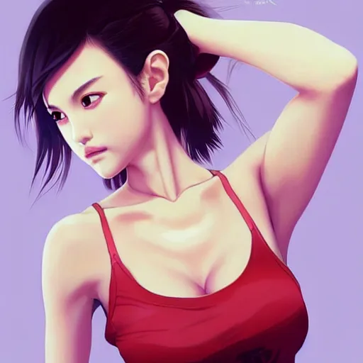 Image similar to a beautiful young japanese natalie portman alluring gravure model, wearing elaborate designer tank top, by akira toriyama and wlop and ilya kuvshinov and artgerm and, aesthetic, gorgeous, stunning, alluring, attractive, artstation, deviantart, pinterest, digital art