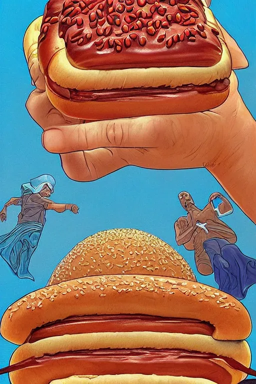 Prompt: an original jean giraud digital art painting of a religious decree prohibiting the consumption of hot dog buns