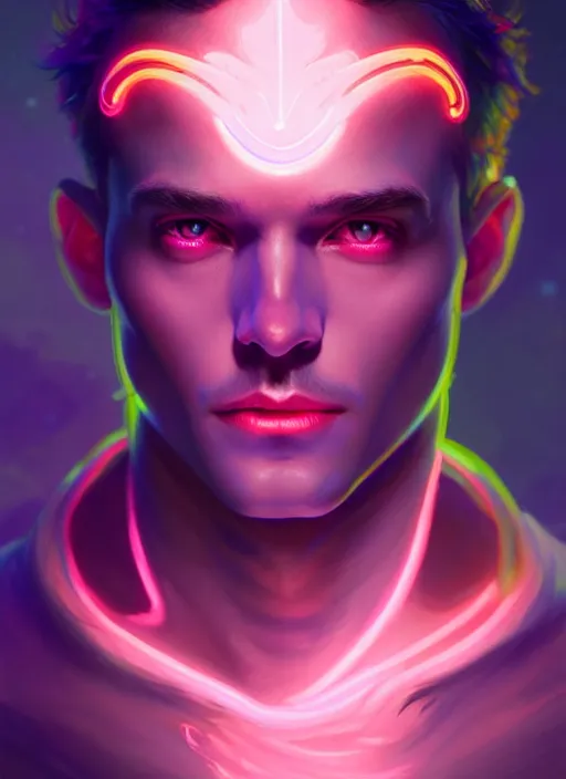 Image similar to a male faceless glowing liquefied stardust adventurer, dnd fantasy character, full body portrait, glowing neon skin, magical aura, ultra realistic, intricate, elegant, highly detailed, digital painting, artstation, smooth, sharp, focus, illustration, art by artgerm and greg rutkowski and alphonse mucha