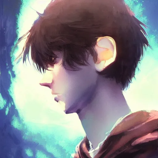 Image similar to portrait of a feminine teenage boy with brown hair and blue eyes, wearing an oversized sweater, dramatic lighting, anime illustration by Greg rutkowski, yoji shinkawa, 4k, digital art, concept art, trending on artstation, アニメ, featured on pixiv