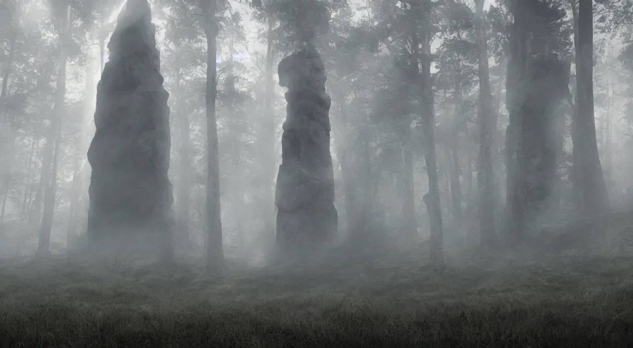 Prompt: photorealistic tower on the edge of nowhere misty moors ropes old growth rock features volumetric fog light rays high contrast dawn