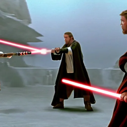 Prompt: yeat the rapper fighting obi wan kenobi with lightsabers in revenge of the sith, star wars movie,