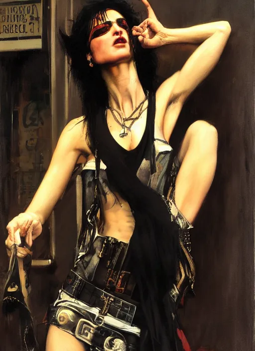 Image similar to androgynous glam rocker outside cbgb in the style of phil hale, sfumato Orientalist portrait by john william waterhouse and James Gurney and Theodore Ralli and Nasreddine Dinet, Syd Mead, Phil Hale, oil on canvas. Cinematic, hyper realism, realistic proportions, dramatic lighting, high detail 4k