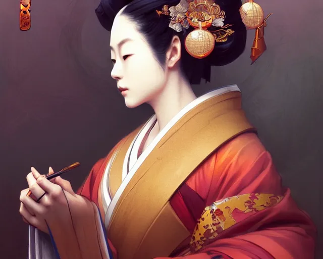 Image similar to photography of japanese geisha, deep focus, d & d, fantasy, intricate, elegant, highly detailed, digital painting, artstation, concept art, matte, sharp focus, illustration, hearthstone, art by artgerm and greg rutkowski and alphonse mucha