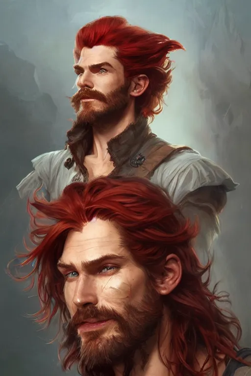 Prompt: portrait of a young ruggedly handsome but joyful pirate, male, masculine, full body, red hair, waist long hair, d & d, fantasy, intricate, elegant, highly detailed, digital painting, artstation, concept art, matte, sharp focus, illustration, art by artgerm and greg rutkowski and alphonse mucha