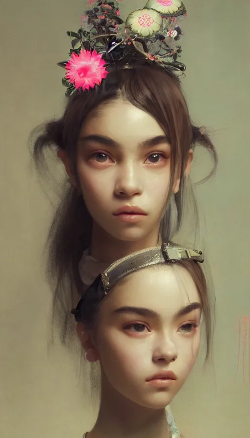 Image similar to madison beer, detailed portrait young gangster lolita, amazing beauty, visor, neon tattoo, styled hair, decorated traditional japanese ornaments by carl spitzweg, ismail inceoglu, vdragan bibin, hans thoma, greg rutkowski, alexandros pyromallis, perfect face, fine details, realistic shaded