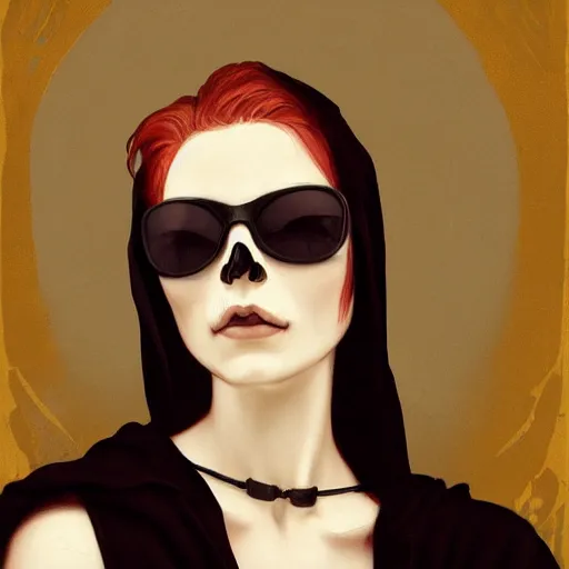 Prompt: portrait of an angry woman in a (long) black hooded cloak wearing (black and white) skull facepaint and dark sunglasses, she has short red hair, video game art, trending on artstation, Gerald Brom, Alphonse Mucha