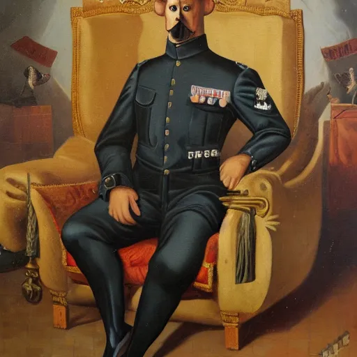 Image similar to a oil painting of a anthropomorphic german shepherd beast - man, wearing military outfit, sitting on an armchair