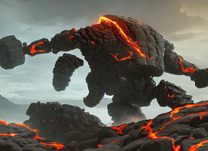 Image similar to epicly designed very muscular stone obsidian robot with human body fighting a deadly beast made from lava with background by greg rutkowski