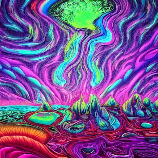 Prompt: psychedelic landscape on on alien world