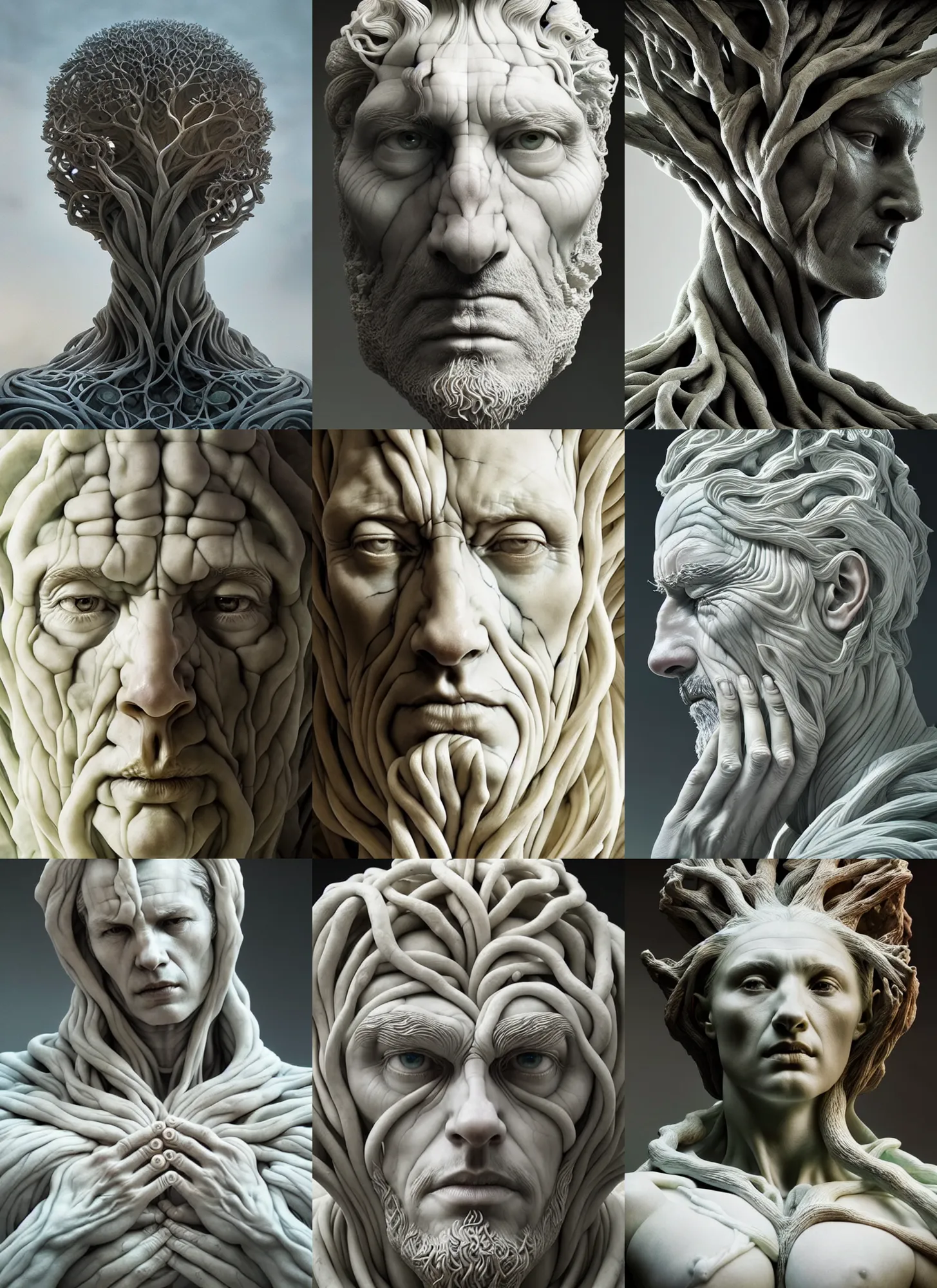 Prompt: beautiful closeup portrait of tree of life marble sculpture by greg rutkowski, josan gonzalez, rodin, michelangelo, cinematography by christopher nolan, imaginative, creative, emotion : madness
