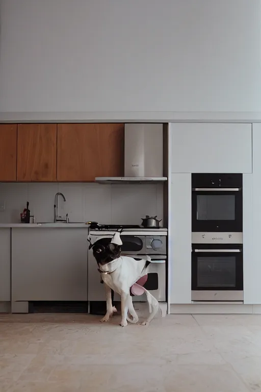 Image similar to Medium Format Portrait Photo of a modern kitchen with a toilet in the middle of the room. A dog is cooking breakfast. award winning, highly detailed, depth of field, Cinestill 800t, wide shot, photo print.