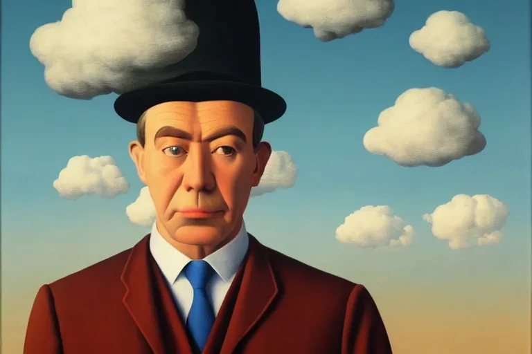 Image similar to portrait of cloud man by rene magritte, detailed painting, hd, hq, high resolution, high detail, 4 k, 8 k