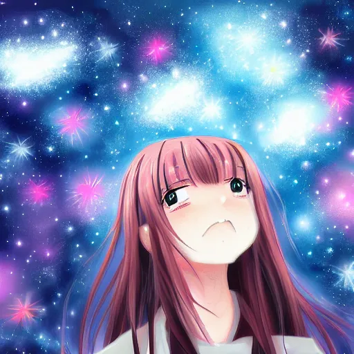 Prompt: anime visual of a girl looking at a sky full of stars, detailed digital painting