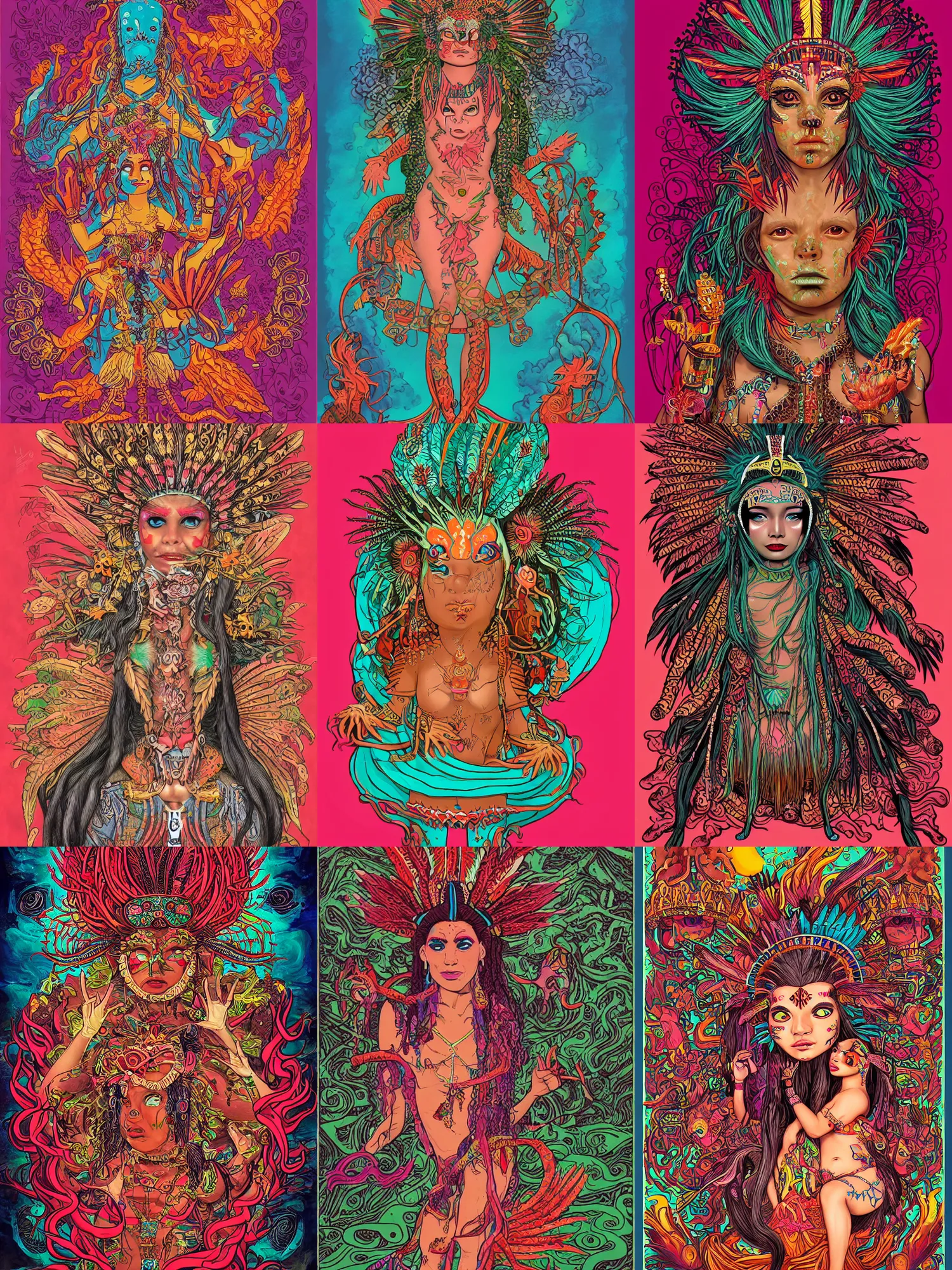 Prompt: the beautiful aztec goddess cuaxolotl, the dual goddess of death and fertility, appears as the fire goddess, and as a beautiful young indigenous mexican woman., pop art aesthetic, anatomy revealed pop art hoze naghashi aesthetic, pop surrealism aesthetic, contemporary illustration aesthetic, steven mccurry portrait