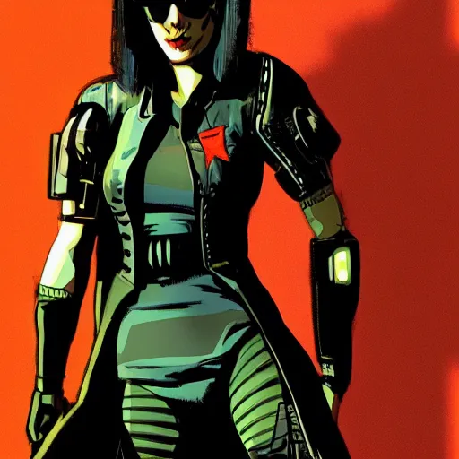 Image similar to cyberpunk military mafia woman with cybernetic arm, Rafael Albuquerque