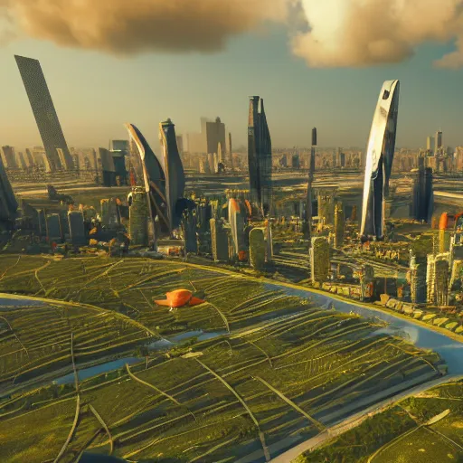 Prompt: a detailed view of a futuristic city in a grass field, in sunny weather, scenery, heavy traffic, rendered with octane, birdeye, view from above, orange color scheme, photorealistic