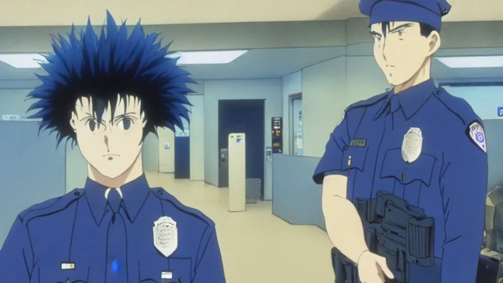 Image similar to a cop wearing a blue skunk mask standing in a police station, anime film still from the an anime directed by Katsuhiro Otomo with art direction by Salvador Dalí, wide lens