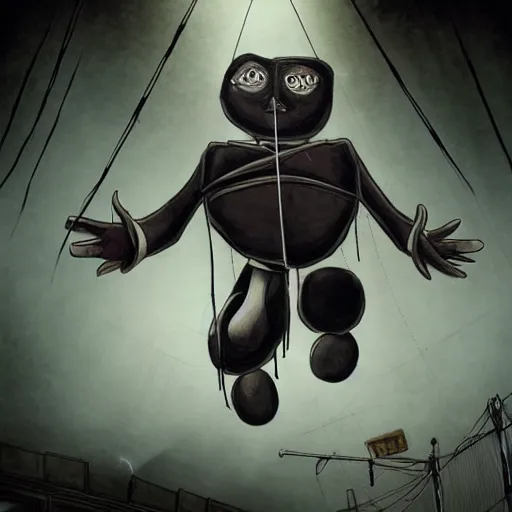 Prompt: studio illustration of a giant horrifying puppet in a suit and tie being strung to the tall ceiling, suspended above the center stage of a derelict indoor circus, it's body cut off at the torso, with icky wires and phalanges hanging out, dark and ominous illustration by 三 叠 色 size on artstation, detailed, dramatic cinematic lighting.