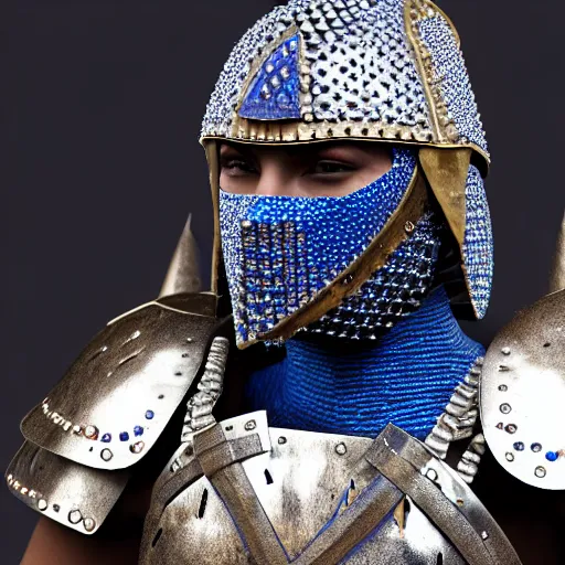 Prompt: photo of a real-life beautiful warrior with sapphire encrusted armour, highly detailed, 4k