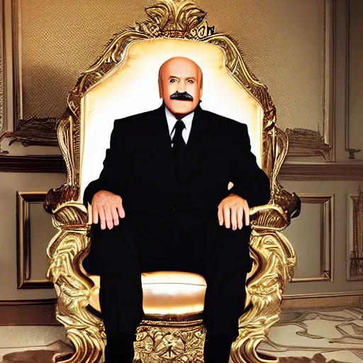 Image similar to a photograph of dr. phil as an evil supervillain, wearing all black, sitting in a throne