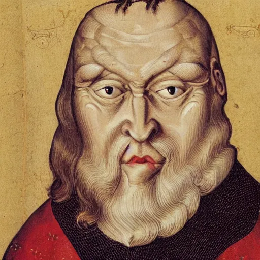 Image similar to a portrait of a very ugly medieval nobleman with white hair, big forhead and mismatched eyes.